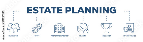 Estate planning icons process structure web banner illustration of living well, trust, property disposition, charity, succession, life insurance icon png transparent background.
