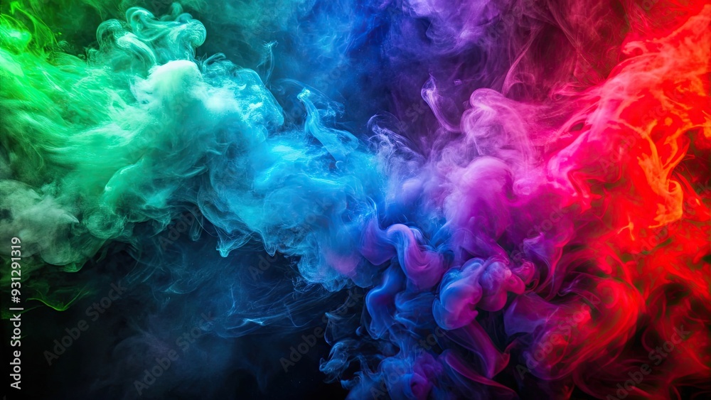 Obraz premium Intense smoke and fog whisps in contrasting vivid red, green, purple and blue colors. Vivid abstract background, smoke, fog