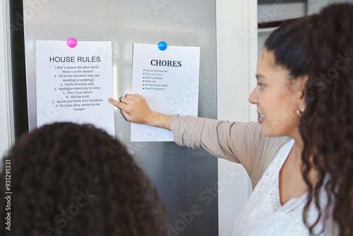 Fotografia Mother, kid or paper with house rules for checklist, daily routine or agreement in home