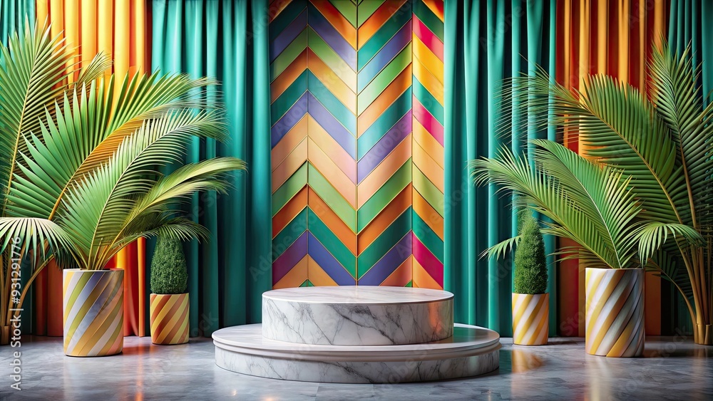 Obraz premium Luxurious tropical marble podium background with colorful geometric shapes and elegant curtains , luxury, tropical