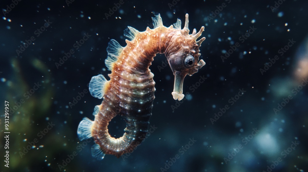 A close-up of a seahorse swimming gracefully in the ocean. A close-up of a seahorse swimming gracefully in the ocean.