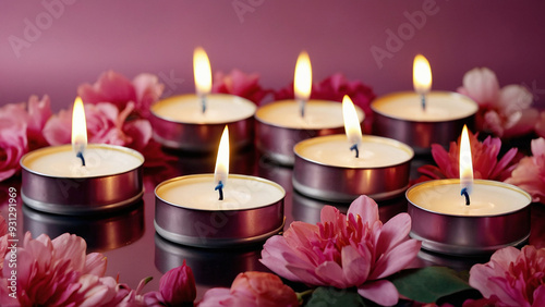 Fifteen Flameless Candles on a Pink Flower Background photo