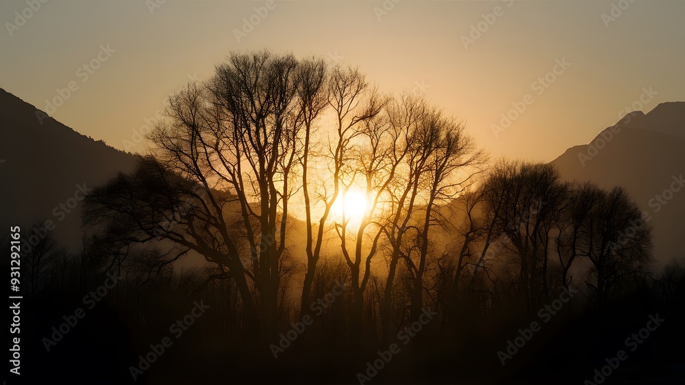 Sunset and Silhouettes of Trees in the Mountains, generative AI Sunset and Silhouettes of Trees in the Mountains, generative AI