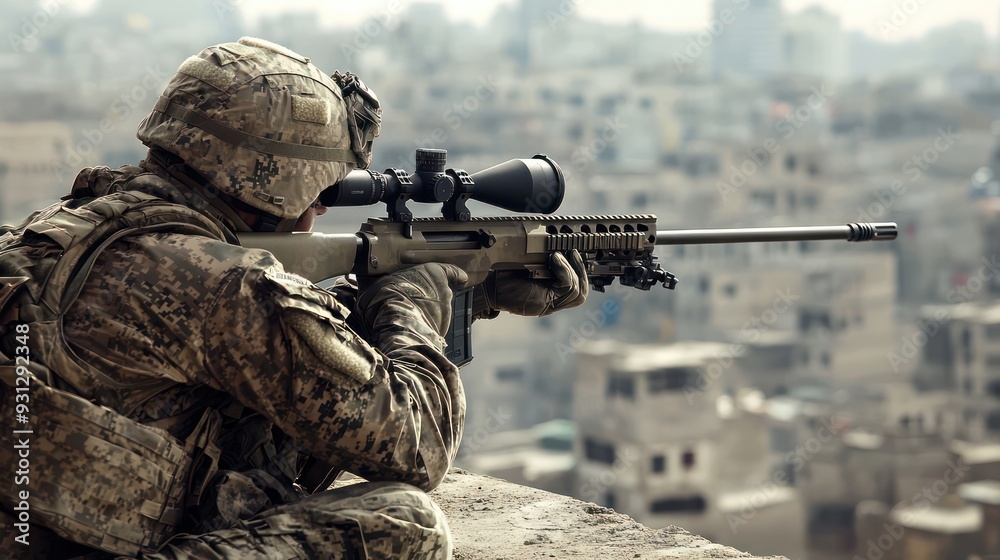 Fototapeta premium Elite Sniper Soldier in Full Tactical Gear on Urban Rooftop, Generative Ai