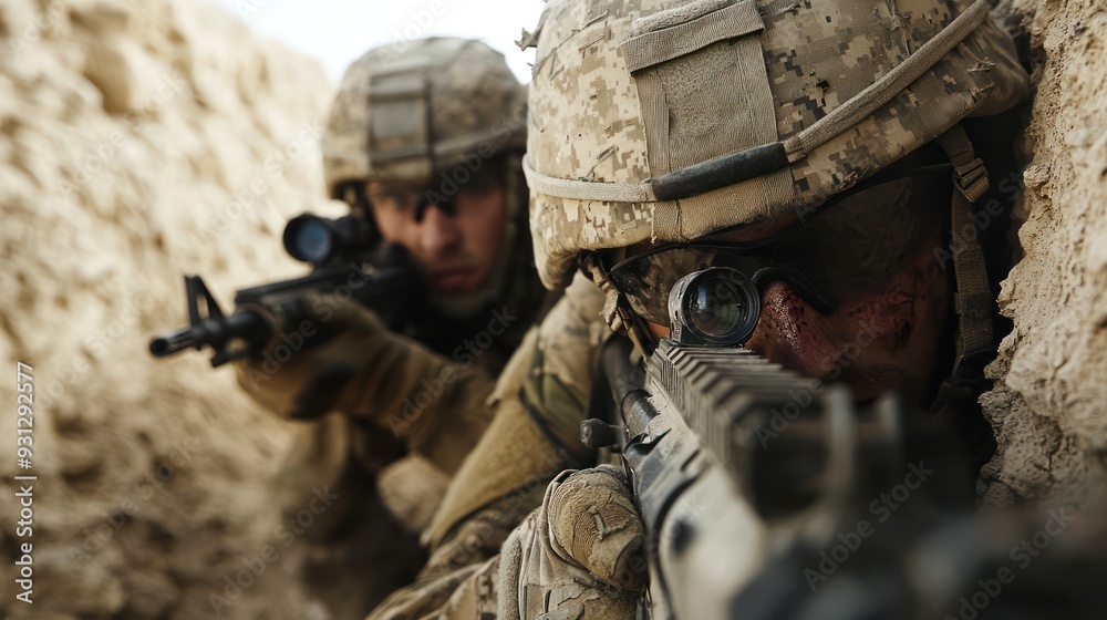 Fototapeta premium Brave Soldiers Taking Cover Behind Wall with Guns Aimed - Military Defense Concept, Generative Ai