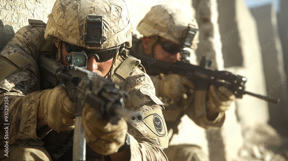 Fototapeta premium Brave Soldiers Taking Cover Behind Wall, Aiming Guns at Enemy - Military Combat Concept, Generative Ai