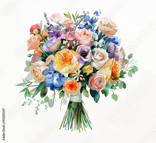 A beautifully painted watercolor bouquet of the bride, a bouquet of pastel-colored flowers on a white background.