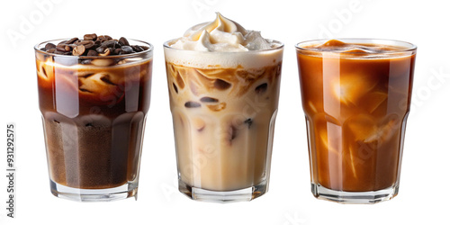 Set of black ice coffee and ice latte coffee milk isolated on white background