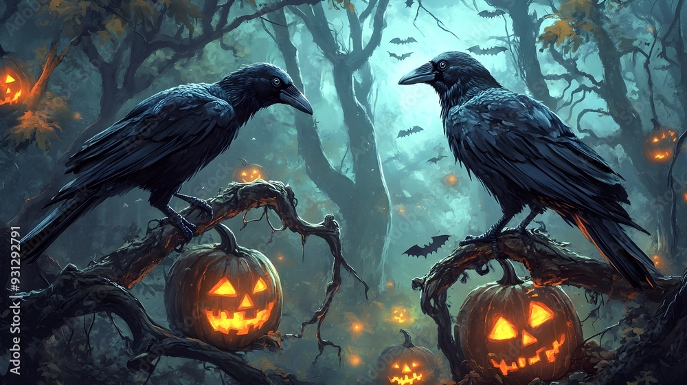 Fototapeta premium Halloween Crows & Jack-o'-Lanterns in Spooky Forest