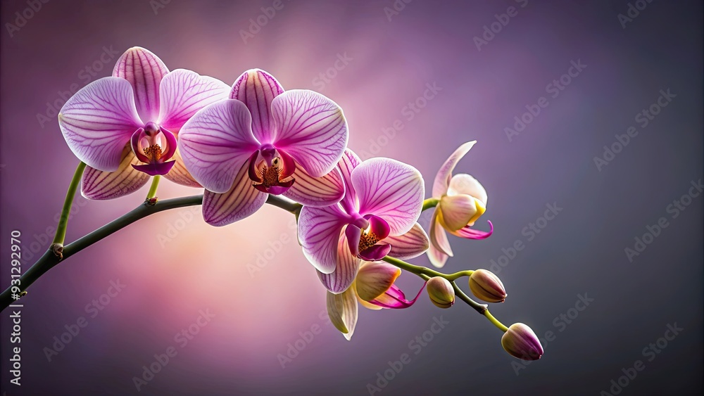 Naklejka premium Close-up of elegant orchid twig on contrast background, orchid, branch, elegant, isolated, detail, beauty, plant, flower
