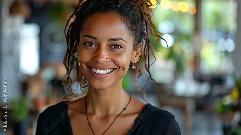Smiling woman with dreadlocks in a cozy café setting Smiling woman with dreadlocks in a cozy café setting