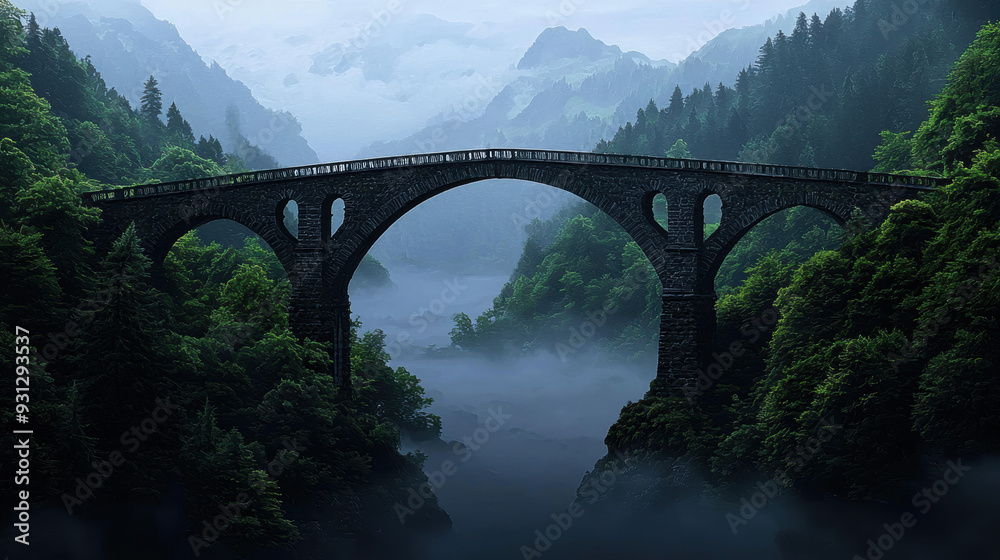 Obraz premium Gothic bridge, spanning a misty river, Watercolor style
