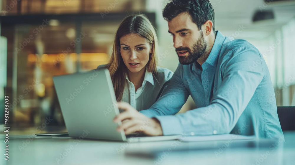 Male worker consulting with a female project manager in a modern office, discussing project Male worker consulting with a female project manager in a modern office, discussing project