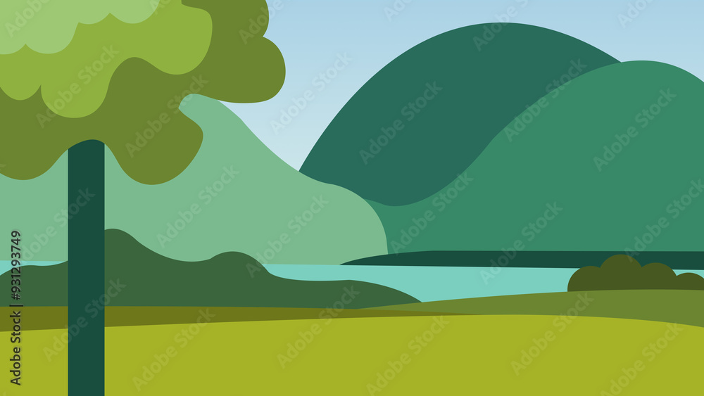 Fototapeta premium landscape with mountains, trees and river bank
