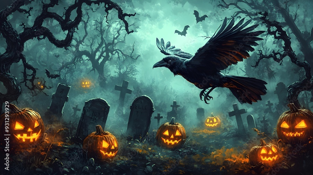 Halloween Graveyard with Jack-o-Lanterns and Flying Crow Halloween Graveyard with Jack-o-Lanterns and Flying Crow