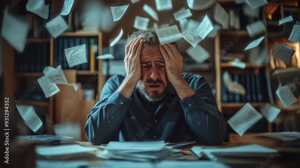 A man is sitting at a desk with papers flying everywhere A man is sitting at a desk with papers flying everywhere