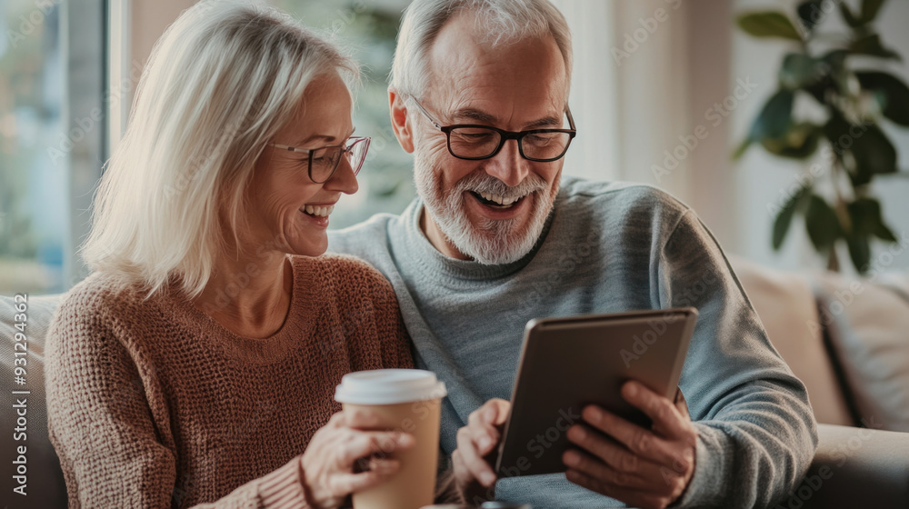 Mature couple enjoying a quiet morning with coffee, using their tablet to read the news Mature couple enjoying a quiet morning with coffee, using their tablet to read the news