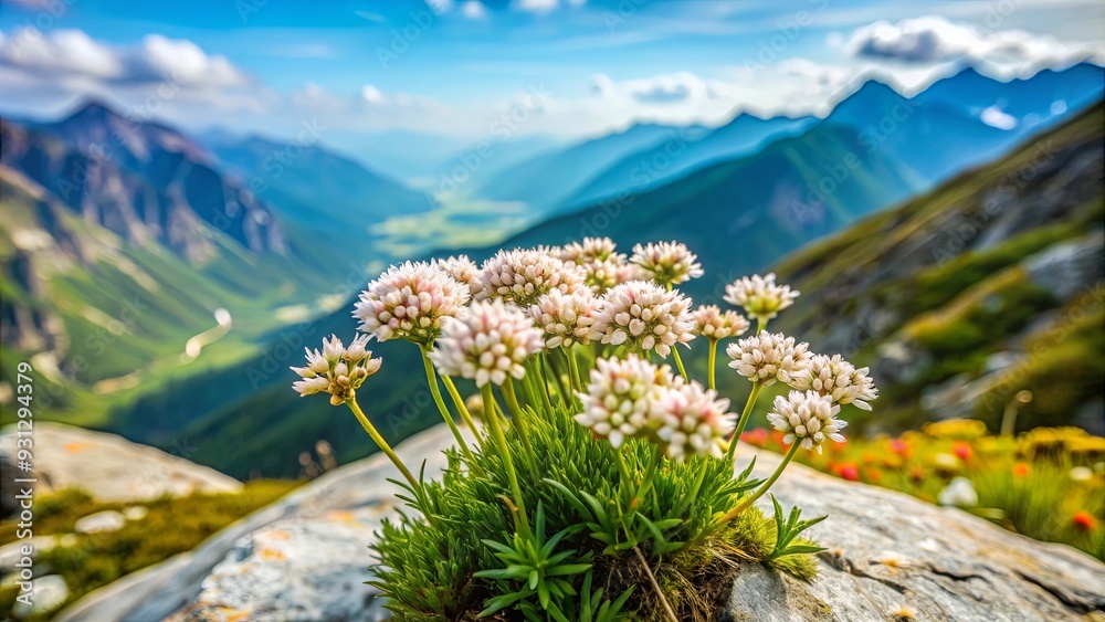 Obraz premium Clusters of blooming flowers on a mountain knot grass plant in nature