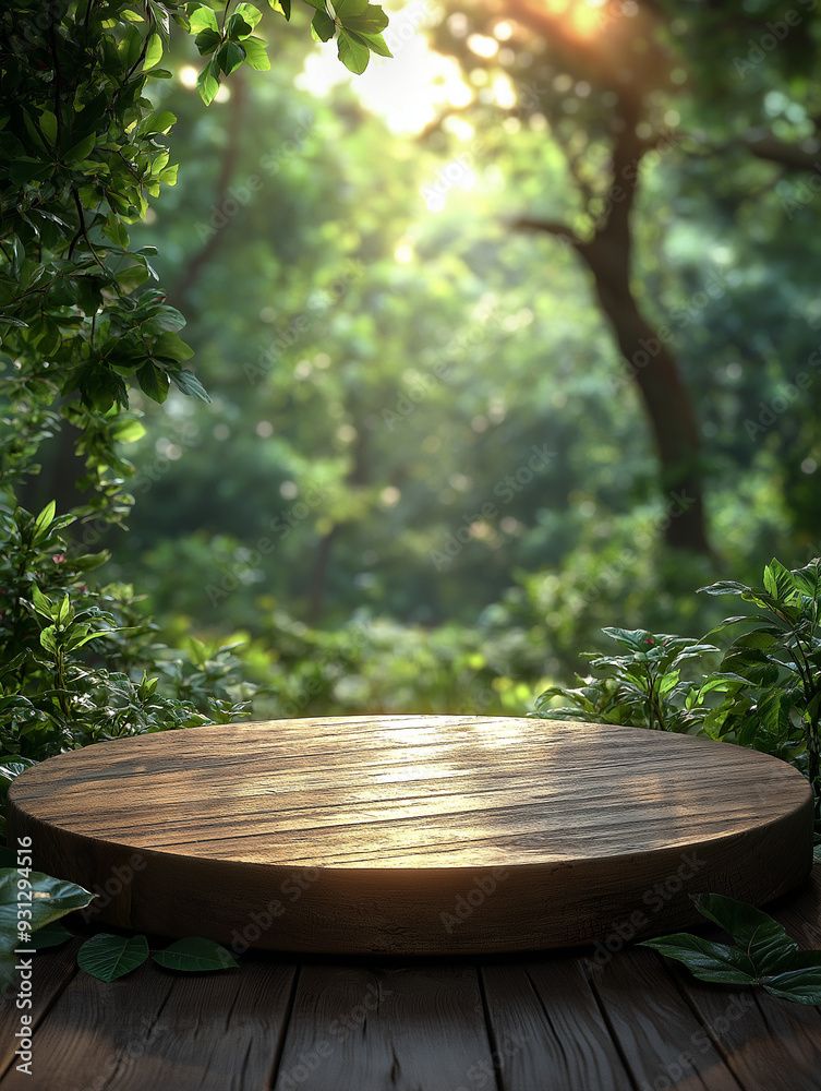 Empty wooden round podium and green leaves on a blurred background Empty wooden round podium and green leaves on a blurred background