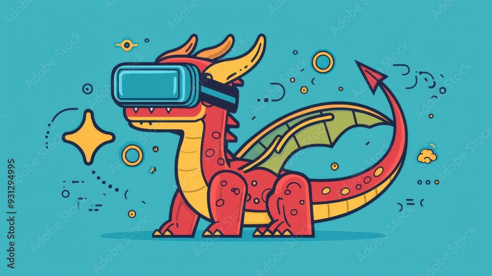 Fototapeta premium A vibrant dragon wearing virtual reality goggles, blending fantasy with technology in a colorful, playful illustration.