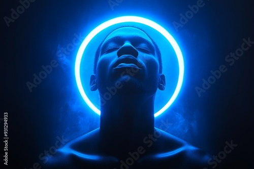 Abstract profile of a person with a glowing blue halo looking upward symbolizing enlightenment clarity and the transcendence of thought in a modern context
