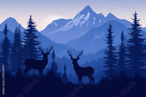 beautiful deer silhouette in forest mountains landscape illustration photo