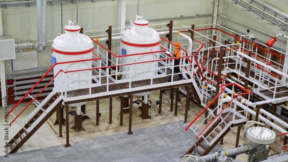 Engineer wearing orange vest and helmet walks around water treatment tanks and equipment on metal platform, inspecting and monitoring industrial environment. Industrial cleaning system