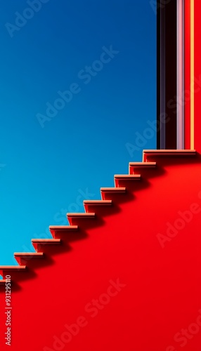 Vibrant red staircase against a bright blue sky, showcasing modern architecture and bold colors, perfect for artistic representations.