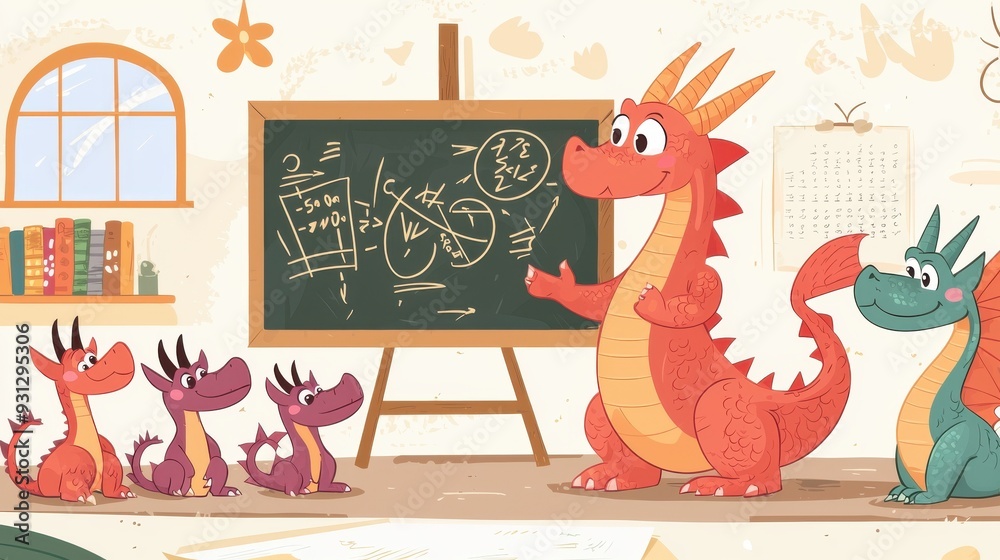Obraz premium A whimsical classroom scene featuring a dragon teaching young dragons with a chalkboard and colorful books.