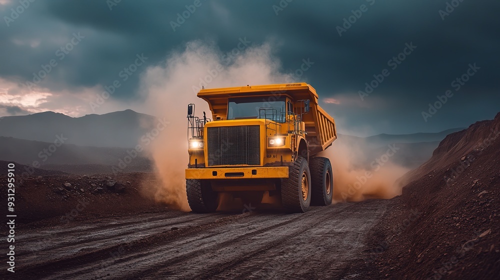Yellow dump truck transporting material along a dusty road in a mountainous area at dusk Yellow dump truck transporting material along a dusty road in a mountainous area at dusk