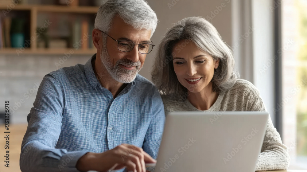 Mature couple sitting at a dining table, exploring travel destinations online Mature couple sitting at a dining table, exploring travel destinations online