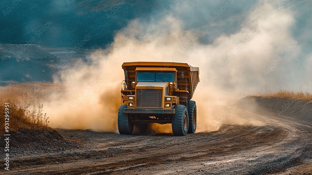 Yellow dump truck transporting material along a dusty road in a mountainous area at dusk Yellow dump truck transporting material along a dusty road in a mountainous area at dusk