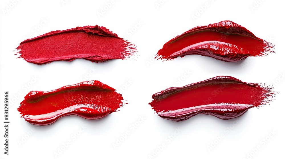 Fototapeta premium Red lipstick smears on white background. Perfect for beauty, fashion, or makeup related projects.