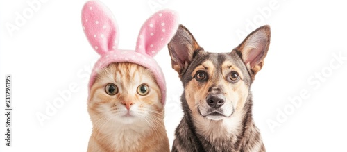 A Cat In Bunny Ears And A Dog Looking At The Camera