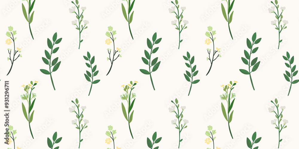 The twigs with green leaves and wildflowers on white background. Seamless pattern The twigs with green leaves and wildflowers on white background. Seamless pattern