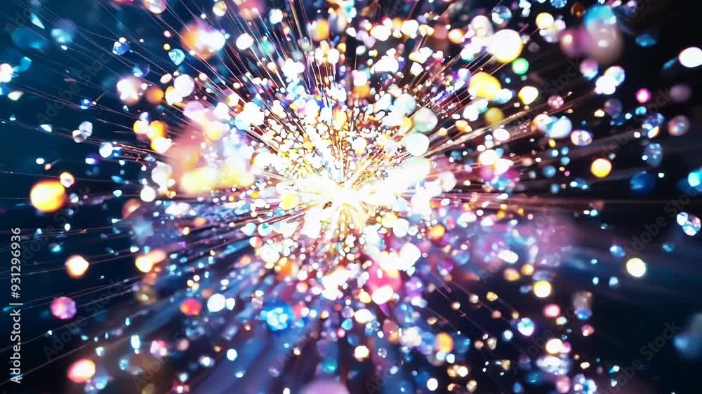 Sparkling gemstones explode outward in slow motion. Intricate facets and light refractions revealed as camera tracks through explosion center. Vibrant colors blend in mesmerizing display.	
