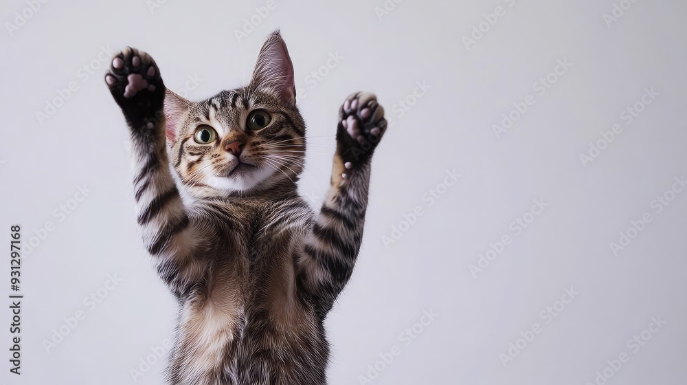 Obraz premium A cute tabby cat with its paws up in the air, looking up with a playful expression against a white background.