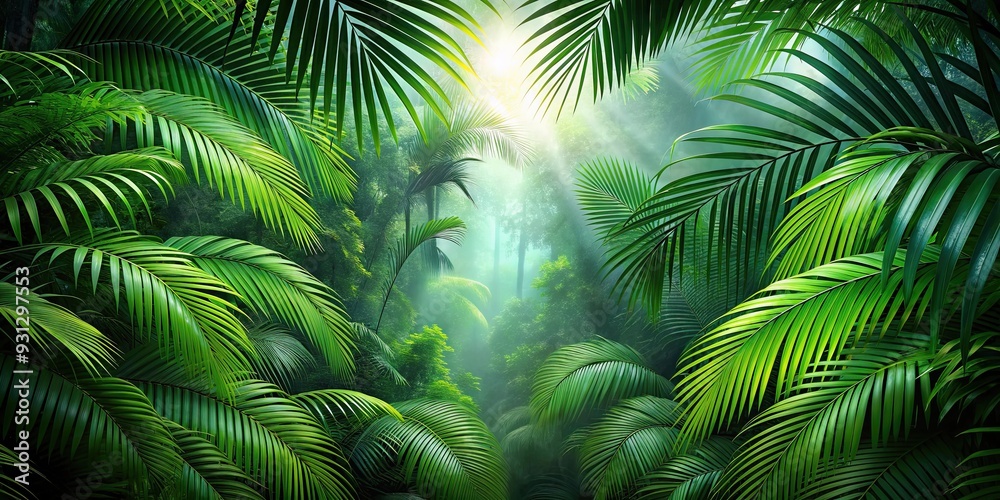 Green palm leaves creating a tropical rainforest background, nature, abstract, foliage Green palm leaves creating a tropical rainforest background, nature, abstract, foliage