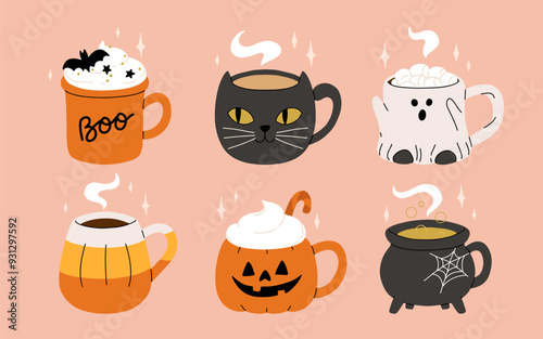 Vector collection of cute Halloween mugs. Hot cocoa with marshmallow, coffee and tea cups with cute faces, ghost, pumpkin, witch black cat and skull. Flat cartoon illustration on pink background