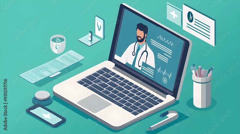 Virtual healthcare consultation session on a laptop computer with the doctor s image displayed on the screen Virtual healthcare consultation session on a laptop computer with the doctor s image displayed on the screen