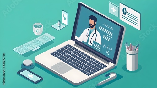 Virtual healthcare consultation session on a laptop computer with the doctor s image displayed on the screen photo
