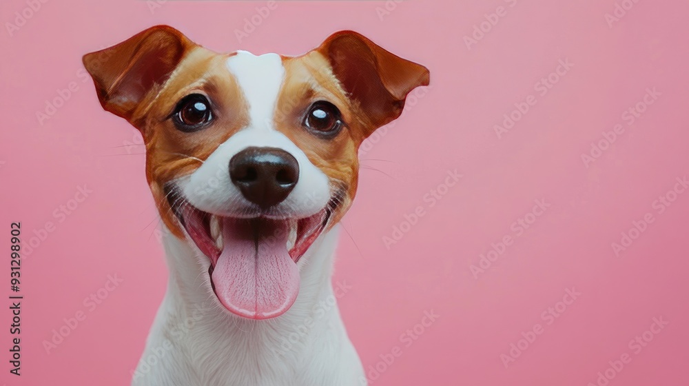 A happy dog with brown and white fur is sticking its tongue out and smiling on a pink background.
