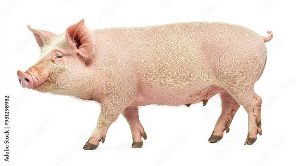 A pink pig walks on a white background. A pink pig walks on a white background.