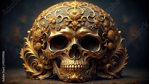 Ornate antique baroque skull with golden intricacies, baroque, antique, skull, ornament, gold, decorative, vintage, detail photo