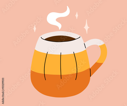 Vector collection of cute Halloween mugs. Hot cocoa with marshmallow, coffee and tea cups with cute faces, ghost, pumpkin, witch black cat and skull. Flat cartoon illustration on pink background