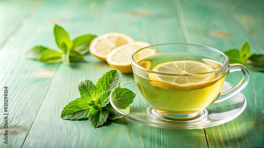 Lemon Green Refreshing Tea in a cup with a slice of lemon and mint on a light green background, lemon, green, refreshing, tea,cup Lemon Green Refreshing Tea in a cup with a slice of lemon and mint on a light green background, lemon, green, refreshing, tea,cup