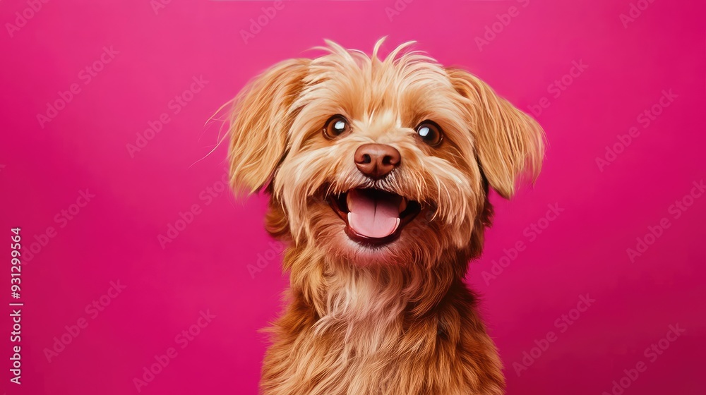 A small, fluffy dog with a big smile stares up at the camera against a vibrant pink background. A small, fluffy dog with a big smile stares up at the camera against a vibrant pink background.