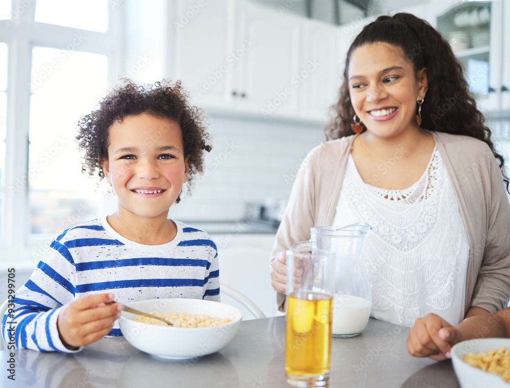 Portrait, home and mother with son, breakfast and nutrition with wellness, happiness and bonding together. Apartment, family and mama with boy, kid and eating in kitchen, nutrition and healthy food Portrait, home and mother with son, breakfast and nutrition with wellness, happiness and bonding together. Apartment, family and mama with boy, kid and eating in kitchen, nutrition and healthy food