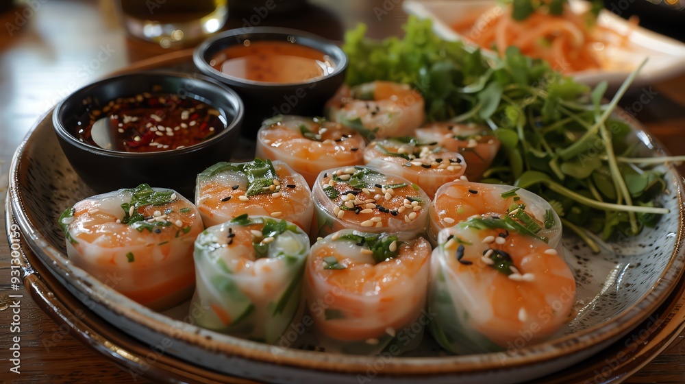 Delicious shrimp spring rolls with fresh greens and dipping sauces, served on a rustic plate for a delightful culinary experience. Delicious shrimp spring rolls with fresh greens and dipping sauces, served on a rustic plate for a delightful culinary experience.