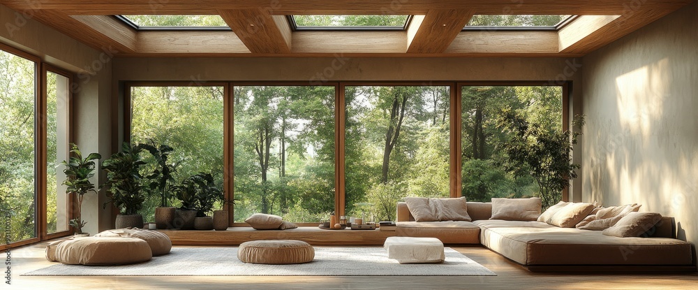 Fototapeta premium Living Room With Skylights, Wooden Accents, Airy And Bright, Natural Elements